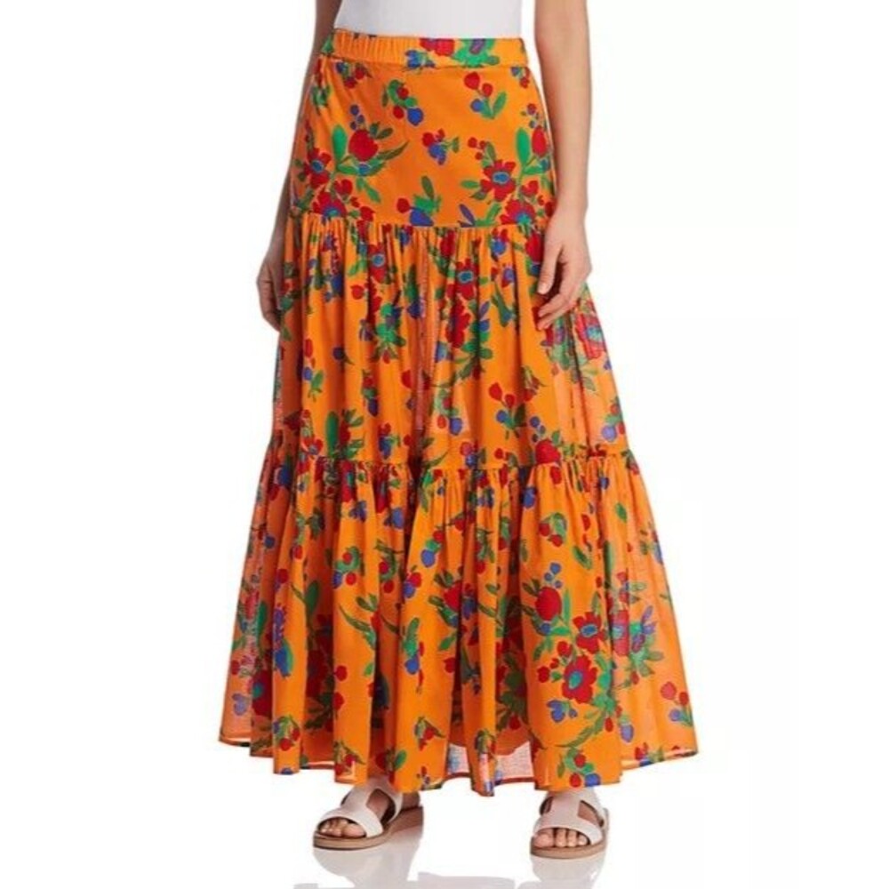 Tory Burch Maxi Skirt Floral Pull On Elastic Waist Pockets Cotton Small